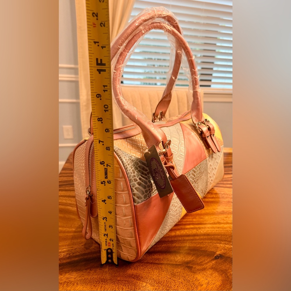Sharif Multicolor Patchwork Leather Satchel - Coral, Yellow, Beige - Picture 13 of 16